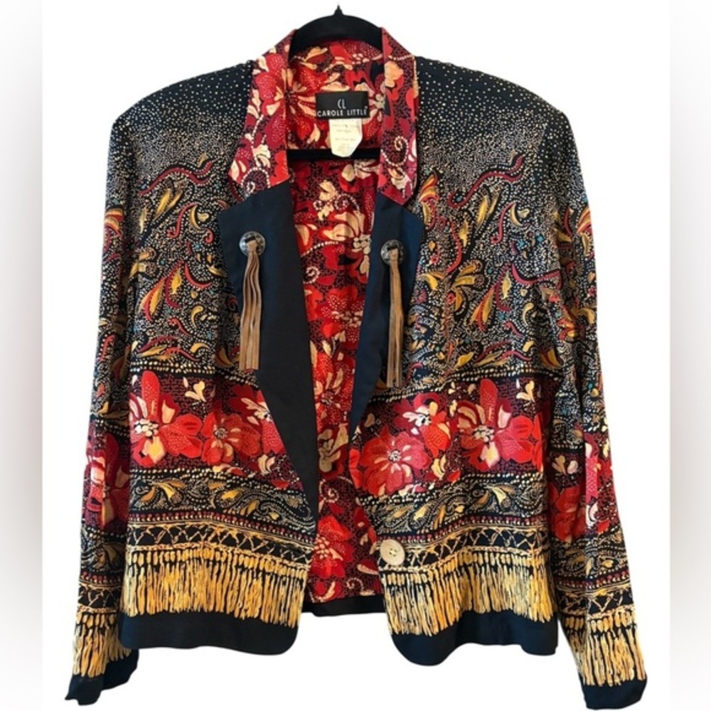 Vintage Carole Little Open Front Jacket Fringe Floral Boho Western Blazer SZ 10